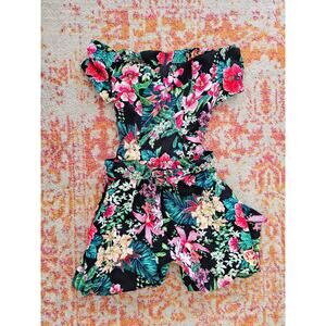Vintage 1980’s Byer Too! Tropical Floral Romper Belted Short Sleeve Playsuit XS